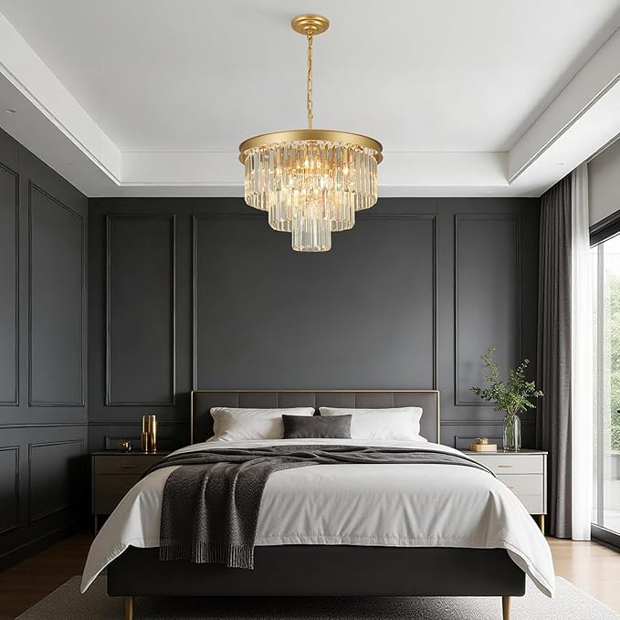 Crystal Chandeliers for Dining Room Lights Fixtures, 9 Lights Gold Modern Chandeliers for Bedroom, 3-Tier Round Crystal Lighting Fixtures for Living Room Entryway Kitchen Island D20 Inch