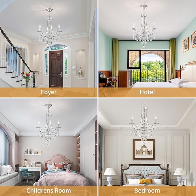 Small Crystal Chandelier, Mini Chrome Chandelier Light Fixture Wagon Wheel Crystal Hanging Pendant Light, 3-Light Modern Chandelier for Bedroom Hallway Bar Kitchen Dinning Living Room Foyer Bathroom