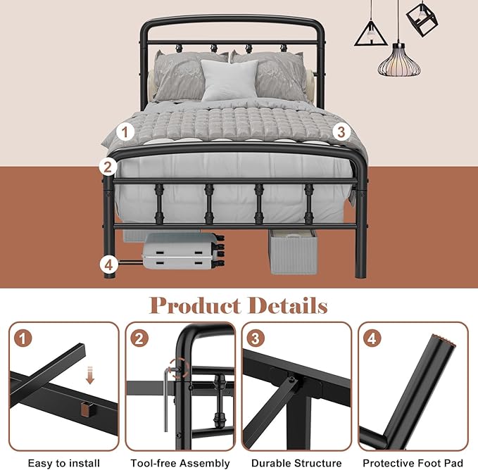 Twin Bed Frame, No Squeak & 1500lbs Heavy Duty Support | Twin Bed Frames with Headboard and Footboard| Tool-Free 20-Min Assembly, No Box Spring Needed, Underbed Storage