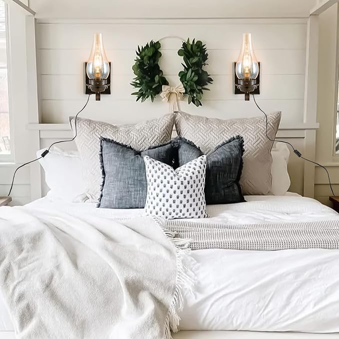 Yisuro Wall Sconces Sets of 2, Oil Rubbed Bronze Plug in Wall Sconce,Retro Rustic Wall Lamps,Sconces Wall Lighting with Amber Glass,Indoor Vintage Bedside Wall Lighting for Living Room Bathroom