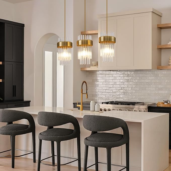 Dijiahua Gold 3-Light Pendant Lights Kitchen Island Over Table, Modern Crystal Brushed Brass Linear Chandeliers,Adjustable Cord Hanging Counter Lamp Fixture for Dinning Room,Sink