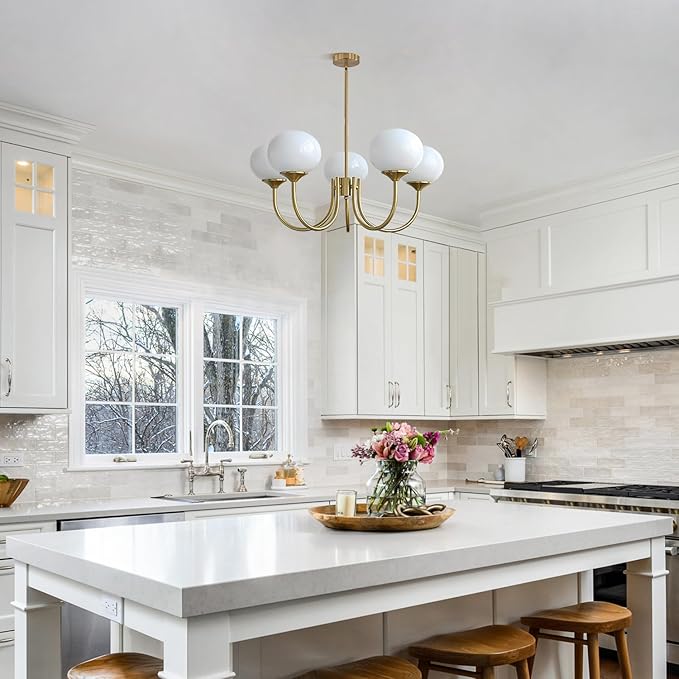 5 Light Globe Chandelier Vintage Milk Glass Hanging Light Gold Sputnik Ceiling Light MCM Dining Room Light Fixture White Pendant Light for Kitchen Bedroom