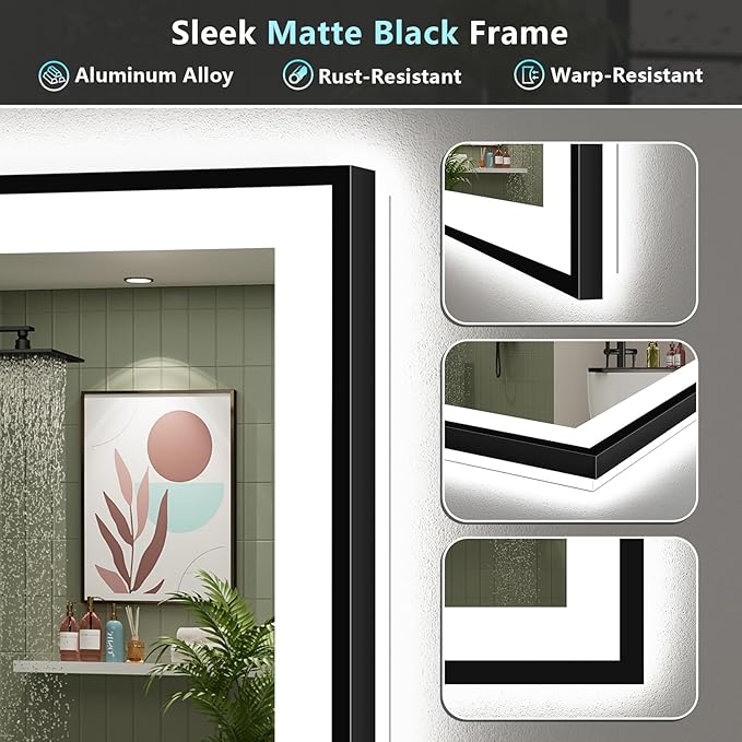 44x30 Black Framed LED Bathroom Mirror with Lights, Backlit + Front Lit, Anti-Fog Lighted Vanity Mirror for Bathroom Wall with 3 Colors, Dimmable, Memory, Tempered Glass, Horizontal/Vertical
