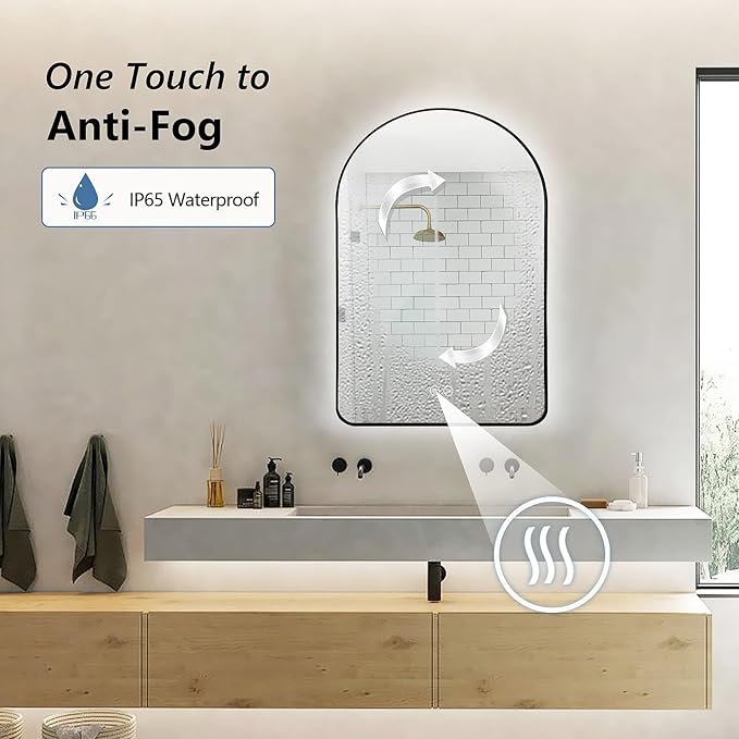 Niccy Arched LED Lighted Bathroom Mirror, 36x24 Inch Backlit Vanity Mirror with Lights Brushed Black Framed Wall Mounted Mirrors with Dimmable 3 Color Shatterproof Arch Smart Fog Free Mirror