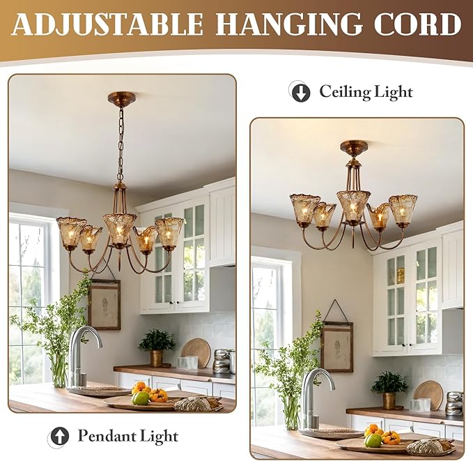 KCO Vintage Antique Brass Chandelier Flower Chandelier Copper Pendant Lighting Mid Century Retro Chandeliers Modern Dining Room Light Fixture Over Table