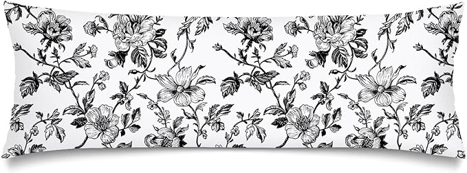 Black and White Porcelain Floral Body Pillow Cover Vintage Flowers Long Pillow Case with Zipper,Florals Lumbar Pillows Cases,Chinoiserie Decorative Soft Bed Cushion Covers for Bedroom,Sofa,"20x54"