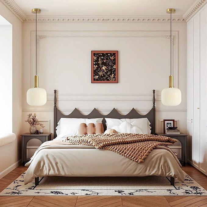 KCO Lighting Milk Glass Pendant Light White Ribbed Glass Pendant Lighting Antique Brass Pendant Lights Small White and Gold Pendant Light Fixture Modern Globe Hanging Lamp