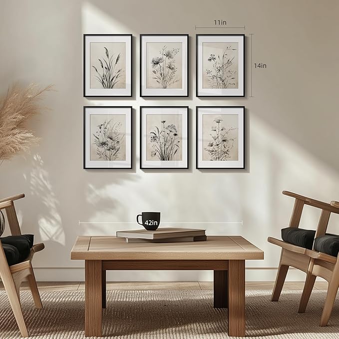 Framed Boho Vintage Botanical Wall Art, Set of 6 Black and White Floral Canvas Painting Prints with Mat for Farmhouse Living Room, Neutral Rustic Flower Artwork for Kitchen Bedroom Home Decor, 11x14