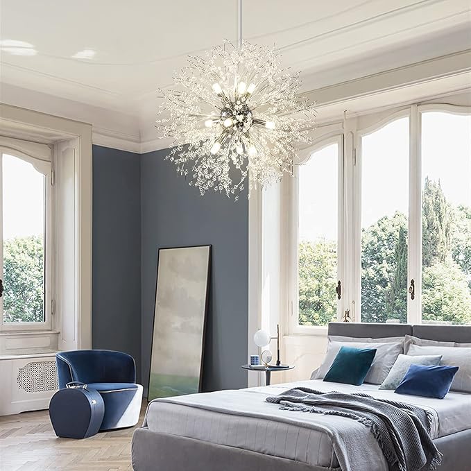 Lingkai 19.9" Chrome Modern Crystal Chandeliers Firework, Bubble Chandelier Lighting for Bathroom Dining Room Bedroom Kitchen Island Living Room Light Fixture, 9-Light Chrome Hanging Round Chandalier