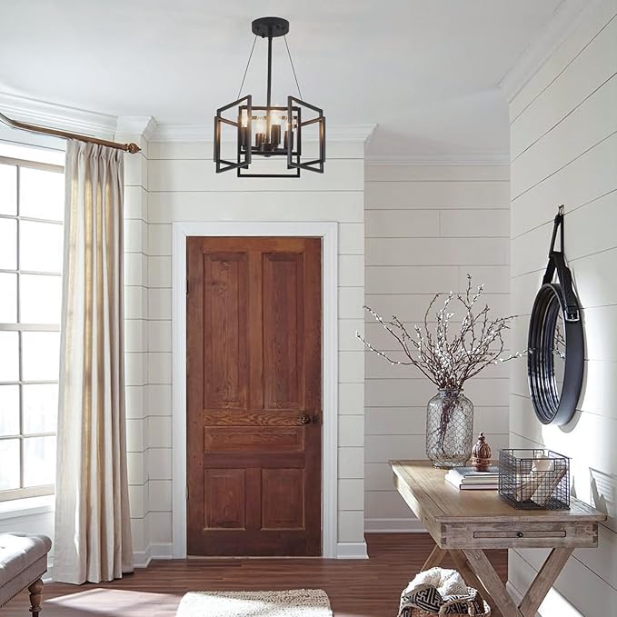 ANKYLHUA Small Black Chandelier,4-E12 Base Light Fixture,Geometric Chandeliers for Dining Room Metal Industrial Kitchen Light Fixtures for Foyer/Living Room/Entryway/Hallway/Bedroom