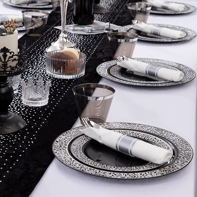 NOCCUR 210PCS Black and Silver Dinnerware Set for 30 Guests - Black Plastic Plates with Silver Rim Include 30 Dinner / 30 Dessert Plates, 30 Prewrapped Silverware, 30 Cups Ideal for Party/New Year