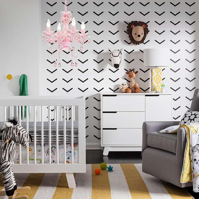 LaLuLa Mini Chandelier with Acrylic Crystals Pink Chandelier 4 Light Modern Chandeliers for Bedroom and Girls Room