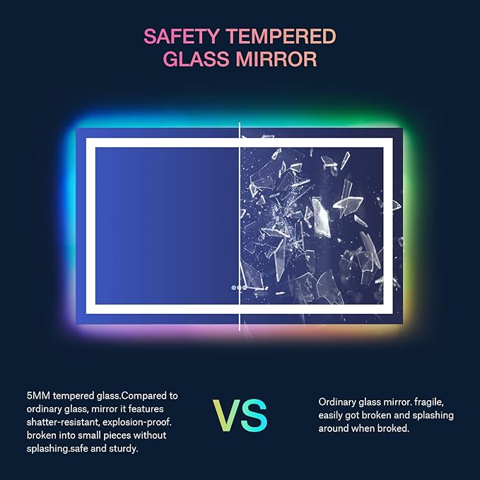 LOAAO 55”X36“ RGB LED Bathroom Mirror with Lights, Large, Anti-Fog, Dimmable Smart Lighted Bathroom Vanity Mirror, Multiple Light Modes, RGB Backlit + Front Light, Memory Function, Tempered Glass