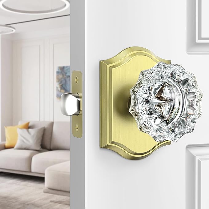 Passage Glass Door Knobs Interior, Satin Brass Crystal Door Knobs Interior, Gorgeous Gold Crystal Glass Door Knob for Hall and Closet, 1 Pack
