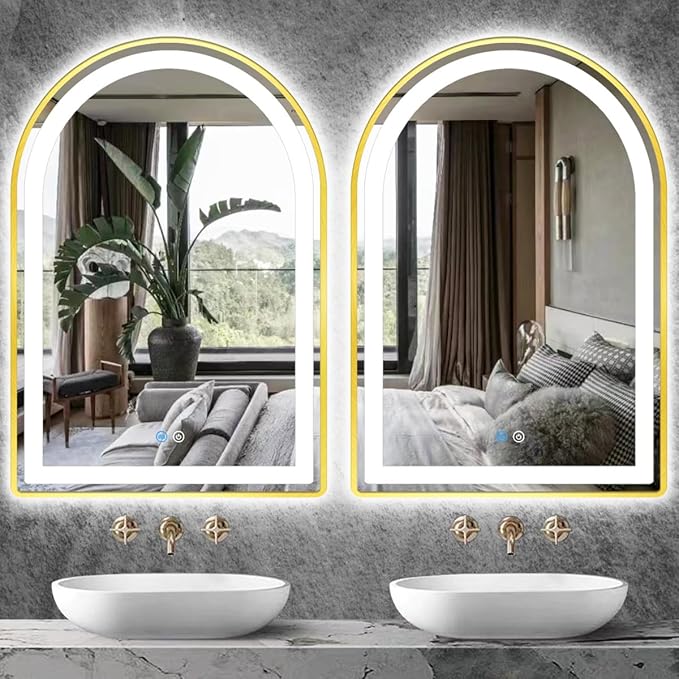 24 x 36 Inch Gold Arch LED Mirror for Bathroom Salon Wall Makeup Table Desk 36 Inch Arch Lighted Vanity Mirror with Lights 3 Color Dimmable AntiFog Gold Frame LED Arched Mirrors with Lights