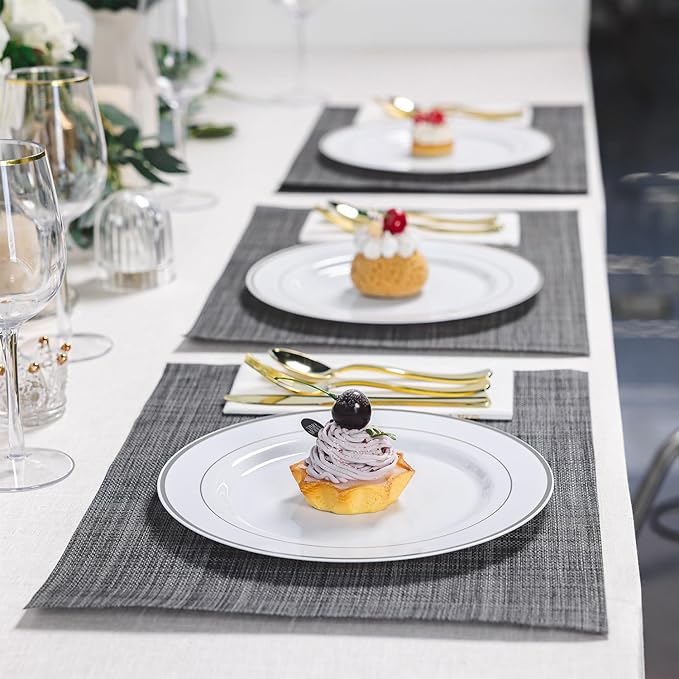 N9R 100PCS Silver Plastic Plates, 10.25 inch White Disposable Dinner Plate with Silver Rim, Heavy Duty Plates for Party, Wedding and Birthday