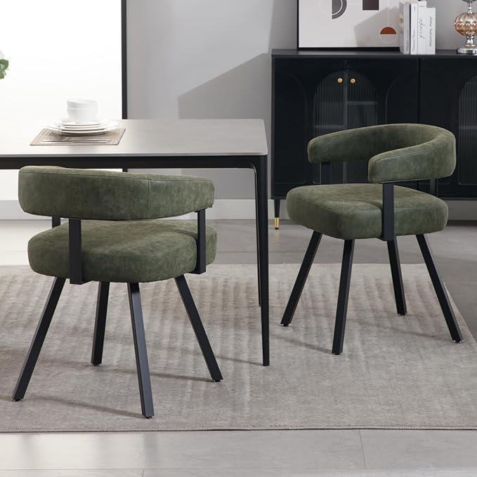 DUOMAY PU Leather Dining Chairs Set of 2, Curved Open Backrest Kitchen Chairs with Metal Legs Modern Upholstered Barrel Side Chairs for Dining Room Living Room, Green