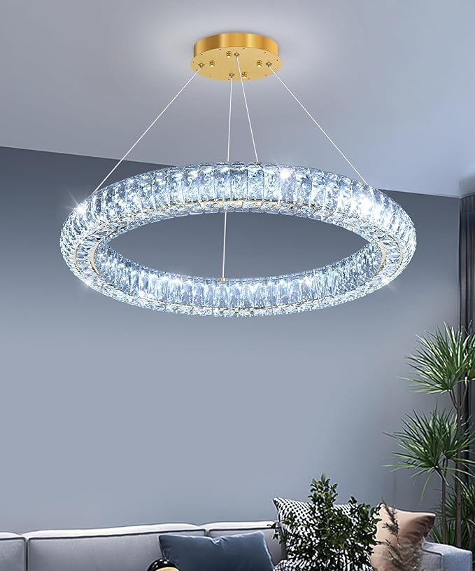 1 Ring Modern Crystal Chandelier Dimmable Ring Pendant Light Round Crystal Chandeliers for Living Room Dining Room Bedroom 23.6'' Gold
