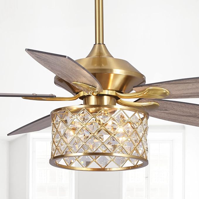 Gold Ceiling Fans with Lights and Remote, 52 Inch Modern Crystal Chandelier Ceiling Fan for Bedroom Living Room, Brass Ceiling Fans Lighting, Ventilador de Techo, Reversible 5-Blade, 3 Speeds