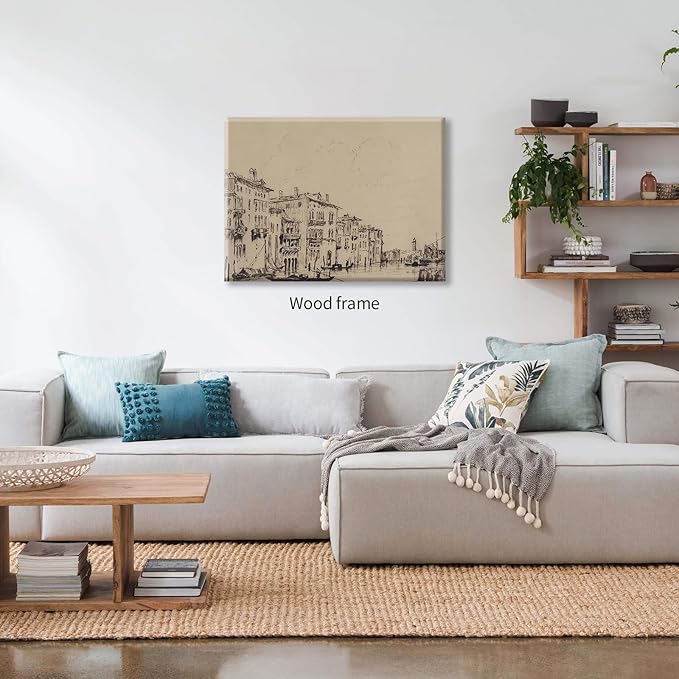 European City Architectural Drawing Poster Vintage Sketch Aesthetic Wall Art Antique Minimalist Canvas Painting 16X24 inch Framed for Traditional Home Gallery Wall Decor