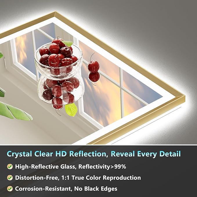 77x36 Gold Beveled Framed LED Bathroom Mirror with Lights, Backlit & Front Lit, Anti-Fog Metal Frame Lighted Vanity Mirror for Bathroom Wall, 3 Colors, Dimmable, Memory, HD Tempered Glass