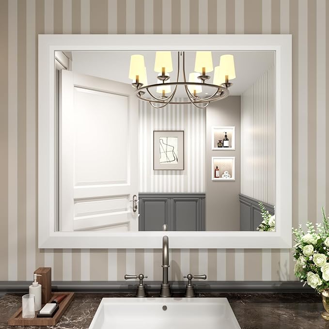 Amorho Bathroom Mirror, 40x36 Inch White Thick Metal Framed Wall Mirrors for Over Sink, Bedroom, Living Room, Entryway, Rectangle Wall-Mounted Mirrors(Horizontal/Vertical).