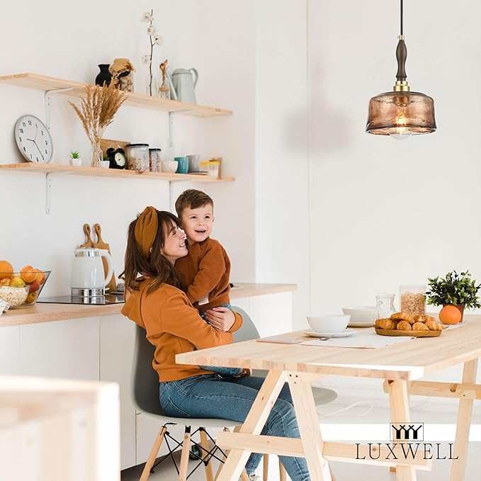 Modern Amber Glass Pendant Light, 6.7"x9.2" Round Hanging Fixture with Golden Wood Accent & Brass Cap, 15"-72" Adjustable Line, E26 Socket – Golden Amber Circle