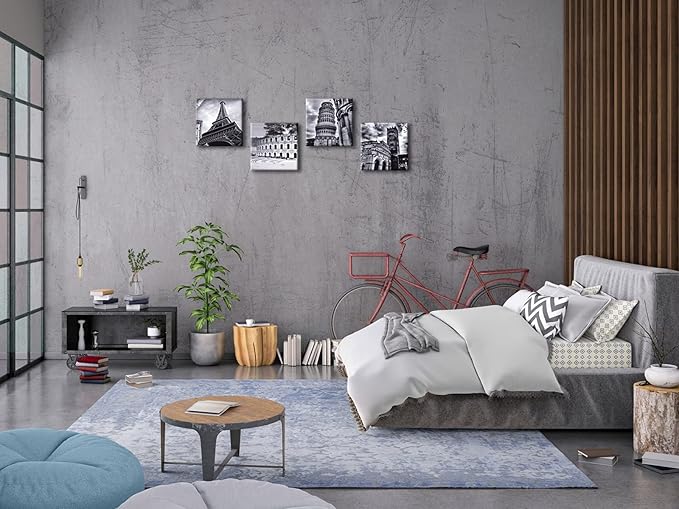 Wieco Art Architectures Modern 4 Panels Giclee Canvas Prints Europe Buildings Black and White Landscape Pictures Paintings on Canvas Wall Art Ready to Hang for Bedroom Home Office Decorations