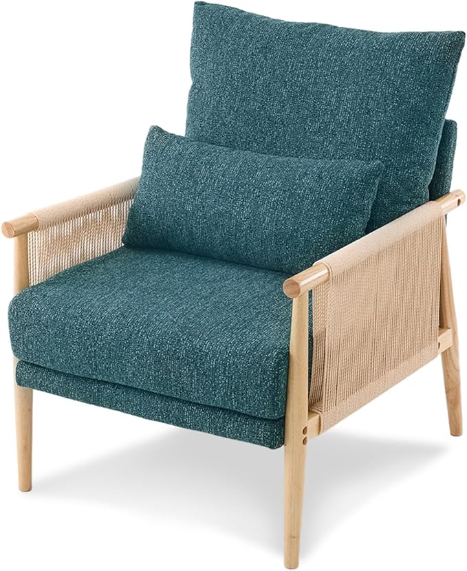 VINGLI Boho Braid Accent Armchair,Mid-Century Modern Chiar with Solid Wooden Armrest,Comfy Louge Cushion Chair with Waist Pillow for Bedroom,Living Room,Reading Room, Teal