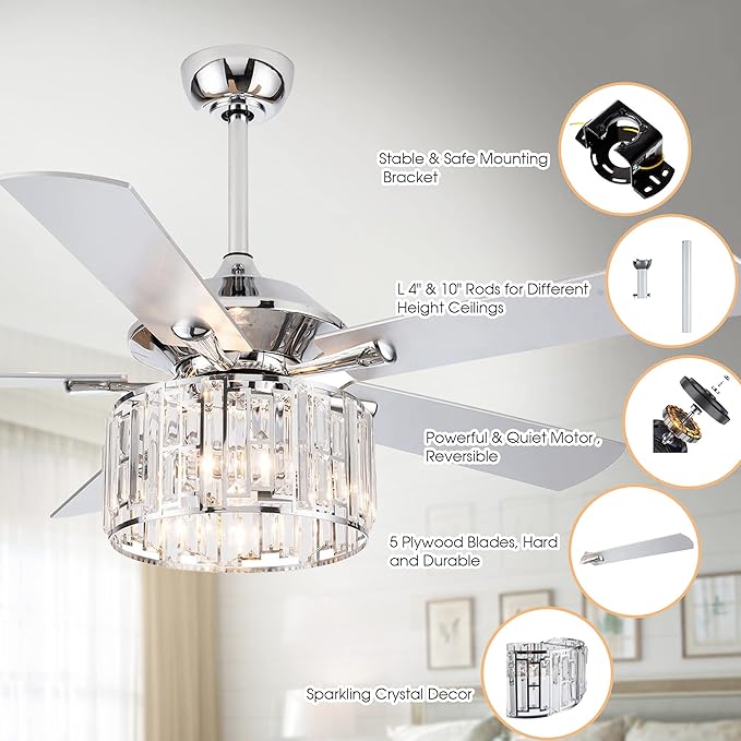 Parrot Uncle Ceiling Fans with Lights and Remote 52 Inch Ceiling Fan with Light for Bedroom Crystal Chandelier Outdoor Ceiling Fans for Patios Covered, Silver