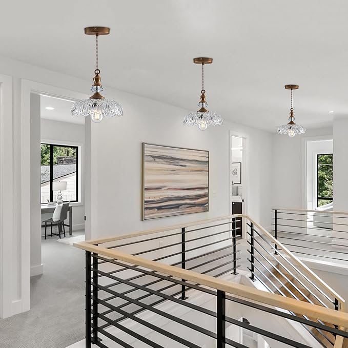 CVKASH Vintage Glass Pendant Light Fixture 3-Pack Brass Modern Adjustable Chandelier Farmhouse Hanging Ceiling Light for Hallway Porch Kitchen Bedroom Coffee Shop Dining Room