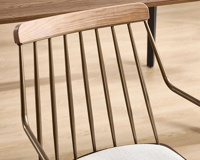 HNY Mid Century Modern Dining Chairs Set of 2, Beige Linen Upholstered Dining Room Chairs with Arms & Metal Legs Farmhouse Spindle Back Kitchen Chairs, Industrial Accent Side Armchairs for Living Room