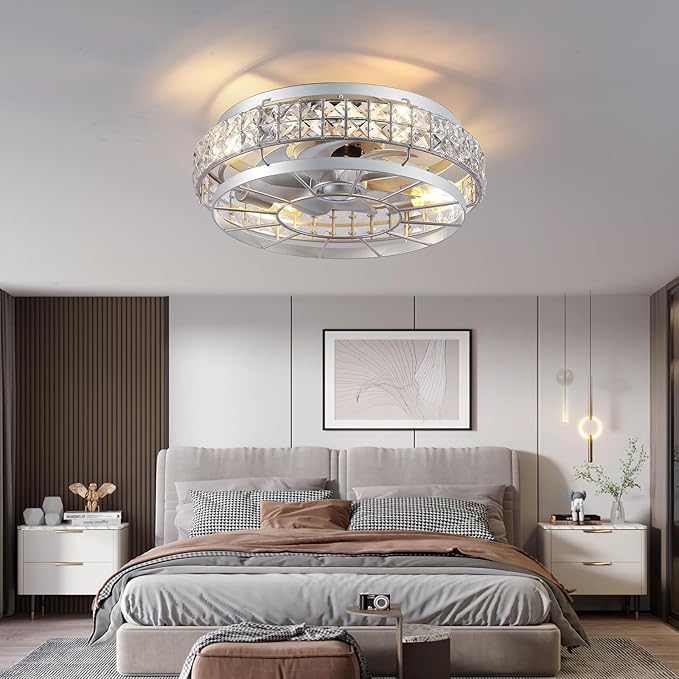 SHIHOT 18" Low Profile Crystal Ceiling Fans with Lights and Remote, Modern Flush Mount Fan, Reversible, 3-Speed, Quiet, Caged Ceiling Fan for Bedroom(Bulbs not included)