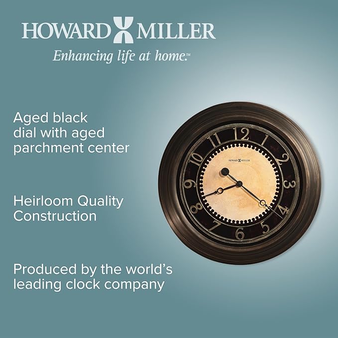 Howard Miller Chadwick Wall Clock – Antique Brass Finish, Vintage-Inspired Round Design, Battery Operated Quartz Movement, Elegant Decorative Piece for Living Room, Dining Room, or Office Decor