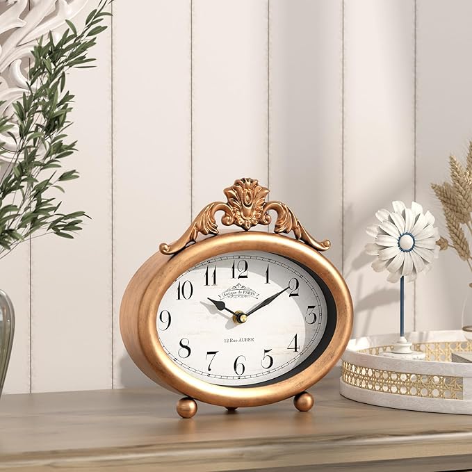 Vintage Table Clock, Desk and Shelf Decor Clock, French Rustic Antique Style Gold Mantel Clocks, for Farmhouse, Living Room, Bedroom, Bedside, Gift (7.87" H x 7.87" W)