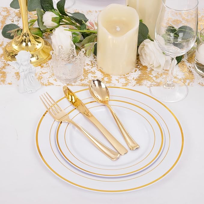 DaYammi 250pcs Gold Plastic Dinnerware Sets, Includes: 50 Gold Rim Dinner Plates, 50 Salad Plates, 50 Plastic Silverware Set, Perfect Fancy Disposable Plates for Party and Wedding