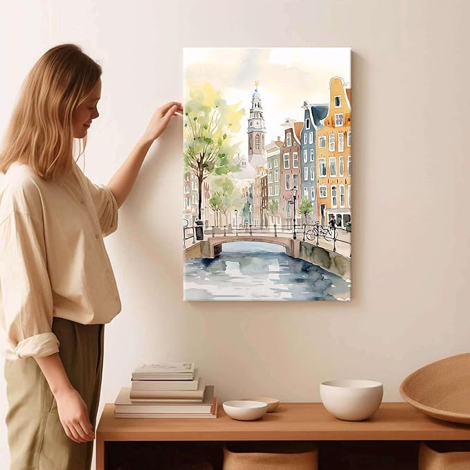 Pastel Canal Cityscape Canvas Art - Riverside Watercolor Architecture Print with Clock Tower & Bicycle Path - European-Style Townscape Wall Decor for Living Room Serenity