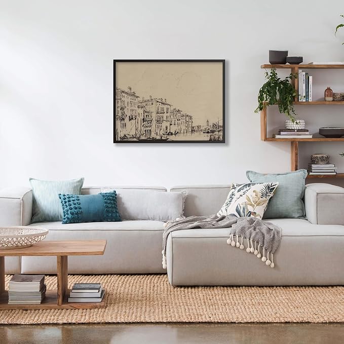 European City Architectural Drawing Poster Vintage Sketch Aesthetic Wall Art Antique Minimalist Canvas Painting 12X16 inch Black Framed for Traditional Home Gallery Wall Decor