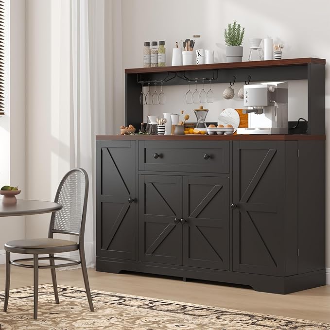 Hutch Storage Buffet Cabinet with Drawers, and Charging Station, Coffee Bar Cabinet with Barn Doors, Wine Rack and Hooks, White Wood Sideboard Buffet for Kitchen, Dining Room, 47.8" High
