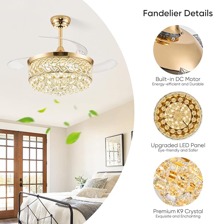 48“ Crystal Fandelier Ceiling Fan with Light, Retractable Ceiling Fans Chandelier Fan with Retractable Blades LED Dimmable Crystal Ceiling Fan Chandelier Fans for Bedroom Living Room-Gold