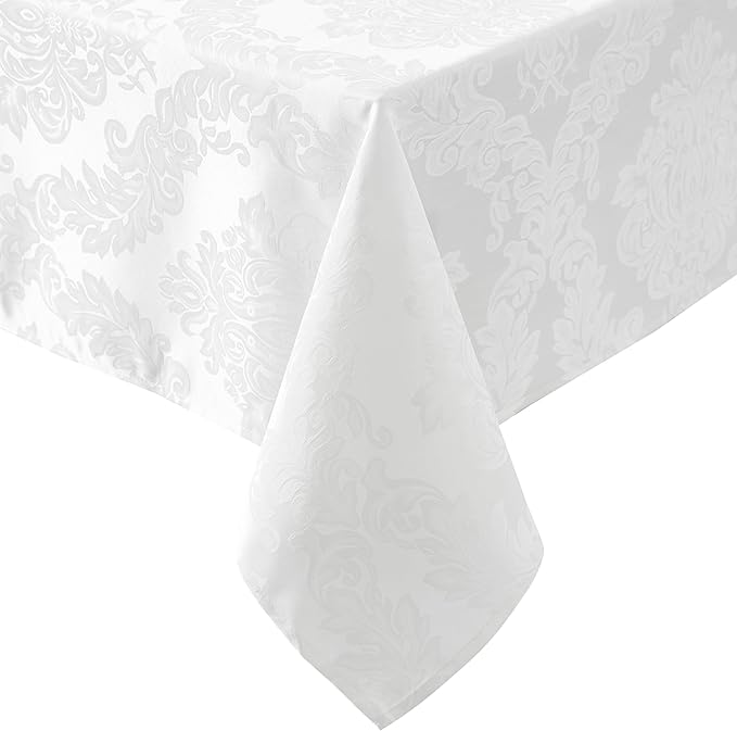 Newbridge Barcelona Luxury Damask Fabric Tablecloth, 52” Wide x 52” Square, White, 100% Polyester, No Iron, Soil Resistant Dining Room, Party and Banquet Table Cover