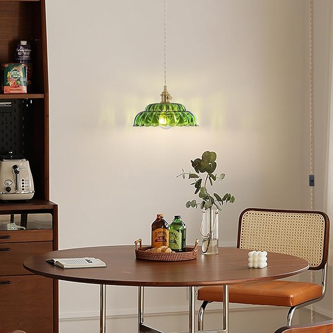 1 Pack Plug in Pendant Light with Lotus Green Glass Lampshade, Brass Vintage Pendant Light, Adjustable Hanging Light, for Kitchen Island Dining Room Hallway, E26 Socket (Bulbs Not Included)
