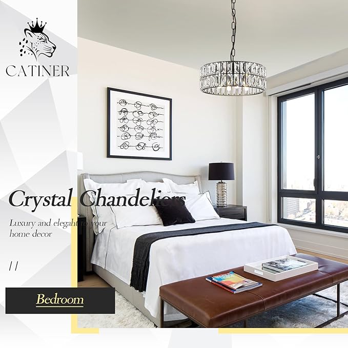 Crystal Pendant Light 4-Light Modern Black Chandelier Small 12” Crystal Semi Flush Mount Ceiling Light Round for Kitchen Island Foyer Hallway