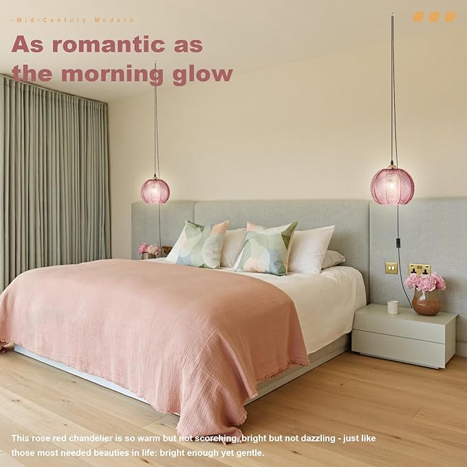 Pink Hanging Lamp Plug in Glass Chandelier Hanging Plug in Pendant Light Fixture with Ribbed Globe Shade Vintage Hanging Swag Lamps for Living Room Bedroom Dining Room Kitchen