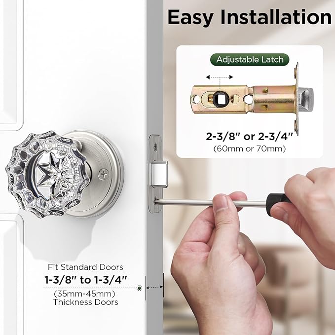1 Pack Crystal Door Knob, Rosette Shaped Glass Door Knobs Interior with Lock, Satin Nickel Door Knobs Interior Glass