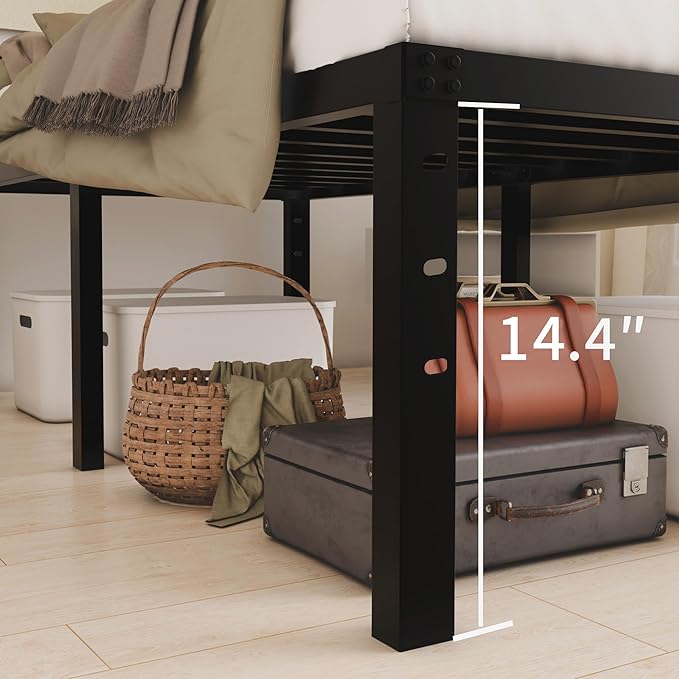 16 Inch Queen Size Bed Frame - No Box Spring Needed Heavy Duty Black Metal Platform Mattress Foundation, Non-Slip Noise Free Easy Assembly Steel Slats Bedframes with Cleance Storage