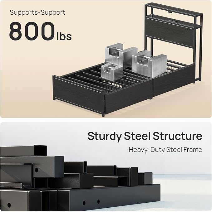 Rolanstar Twin Bed Frame with 4 Storage Drawers, Charging Station and LED Lights, Metal Platform Bed with 2-Tier Storage Headboard, No Box Spring Needed, Easy Assembly, Noise-Free, Black