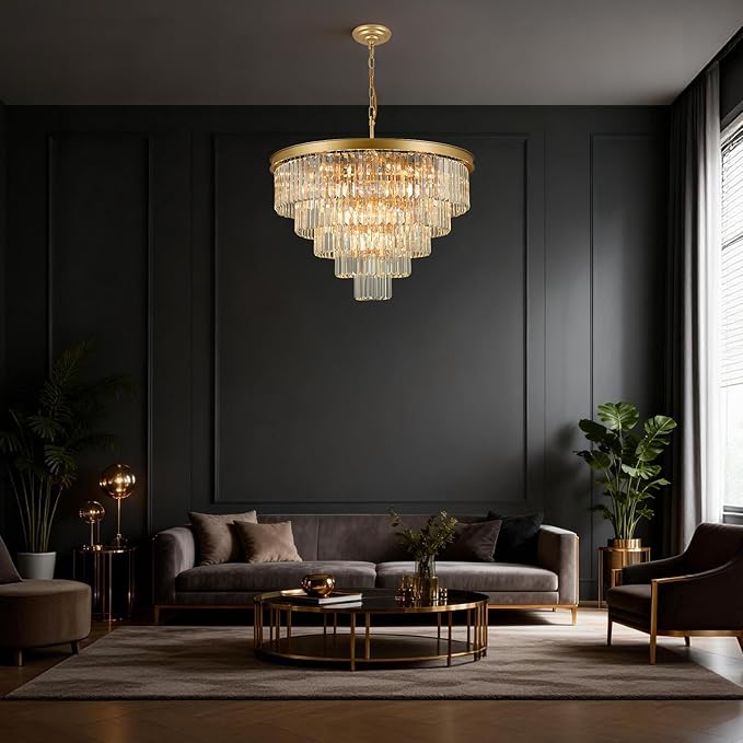 Crystal Chandeliers for Dining Room Lights Fixture Over Table, 20 Lights Gold Modern Chandeliers for Living Room, 5-Tier Round Crystal Lighting Fixtures for Bedroom Entryway Kitchen Island D30 Inch