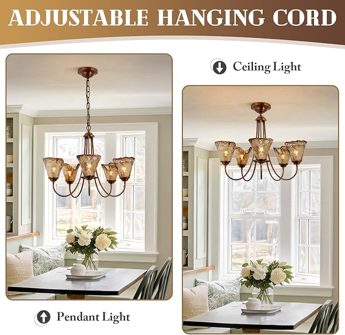 KCO Lighting Copper Chandelier Vintage Brass Pendant Light 5 Light Floral Sputnik Chandelier Rustic Gold Chandeliers for Dining Room Entryway Kitchen Island