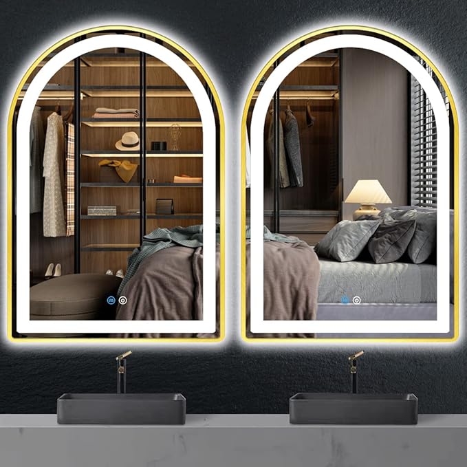 26 x 38 Inch Gold Frame Arch LED Mirror for Bathroom Salon Wall Makeup Table Arch Lighted Vanity Mirror with Lights Smart Memory 3 Color Dimmable AntiFog 38" Gold Smart Light up Arched Mirror